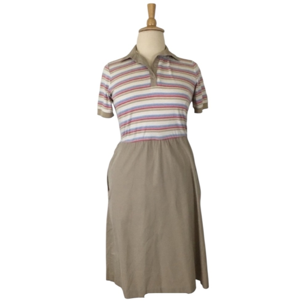 Vintage Midi Day Dress Women’s XL‎ Striped Henley Short Sleeve Casual Retro